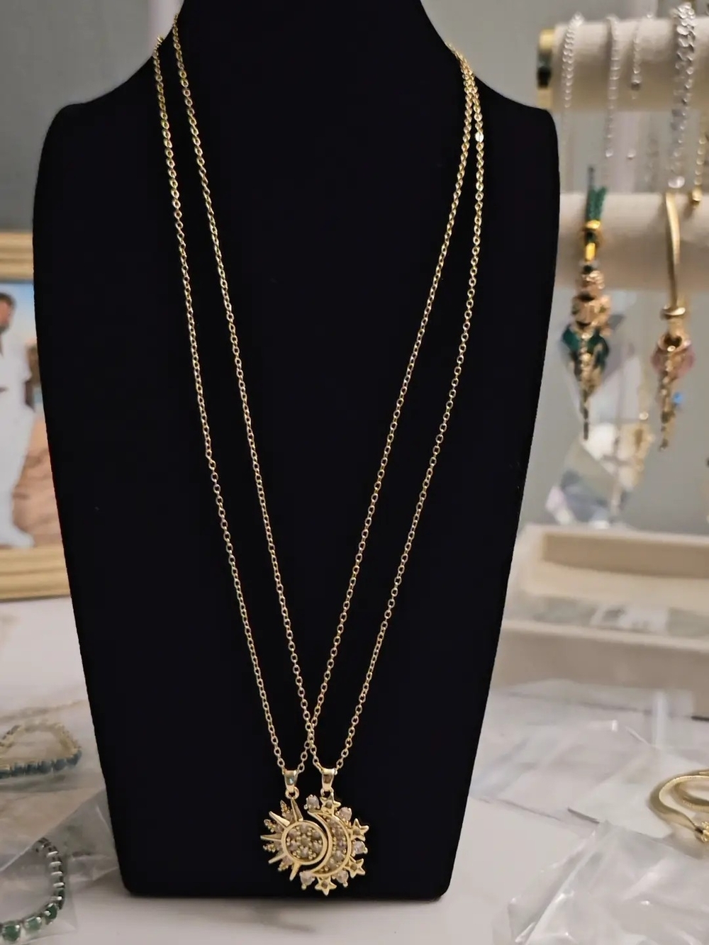 Gold Sun and Moon Pendant Necklace - Layered Women's Jewelry
